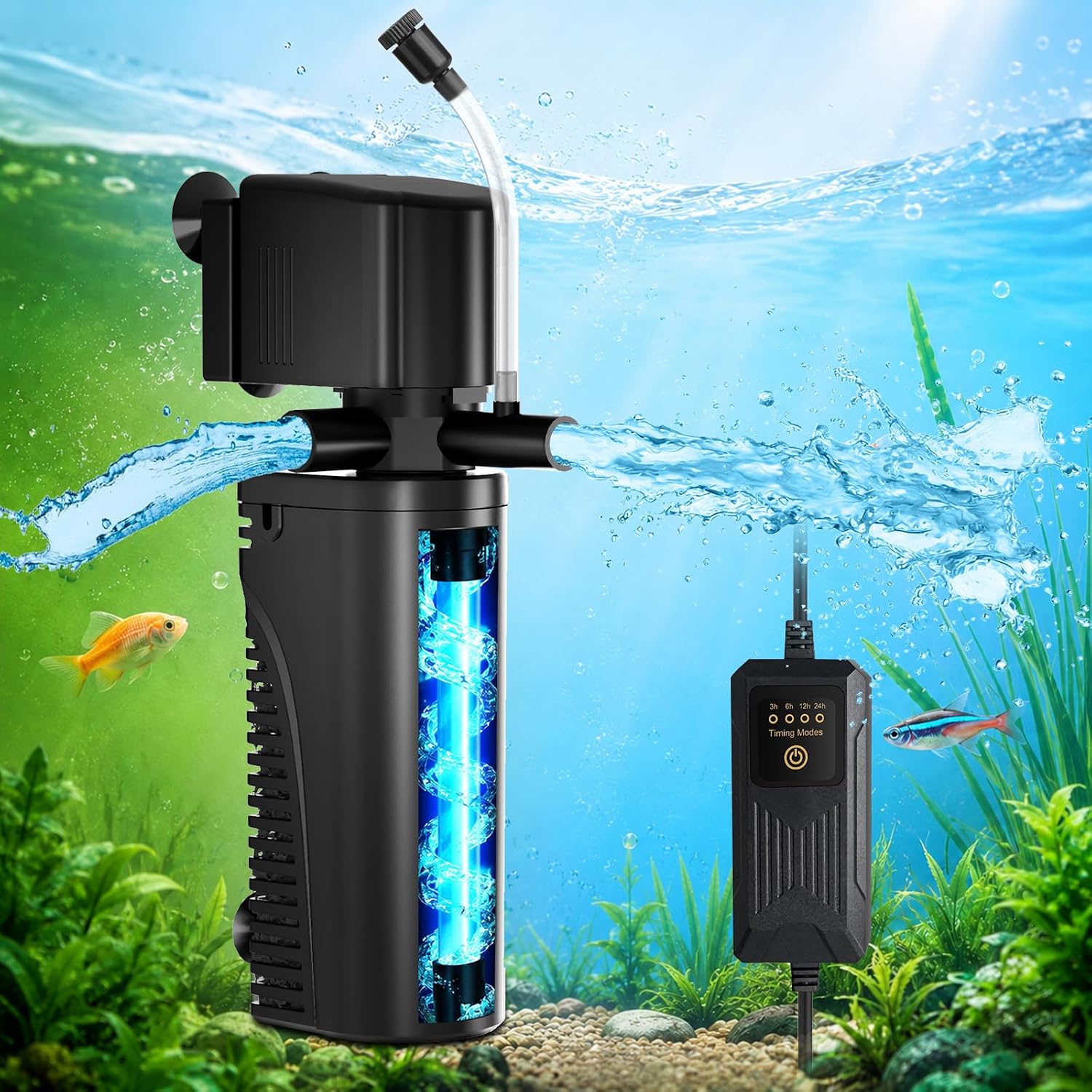 Devopet Aquarium U-V Filter for Green Water, Fish Tank Filter with U-V Light & Timer, Turtle Tank Filter with Dual Outlet & Aeration, for 10-30 Gallon Freshwater & Saltwater